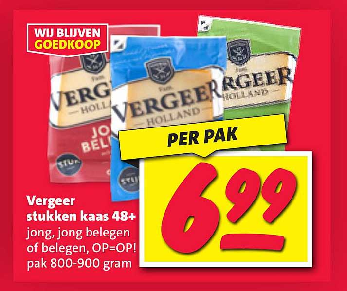 Vergeer stukken kaas 48+ jong, jong belegen of belegen, OP=OP! pak 800-900 gram