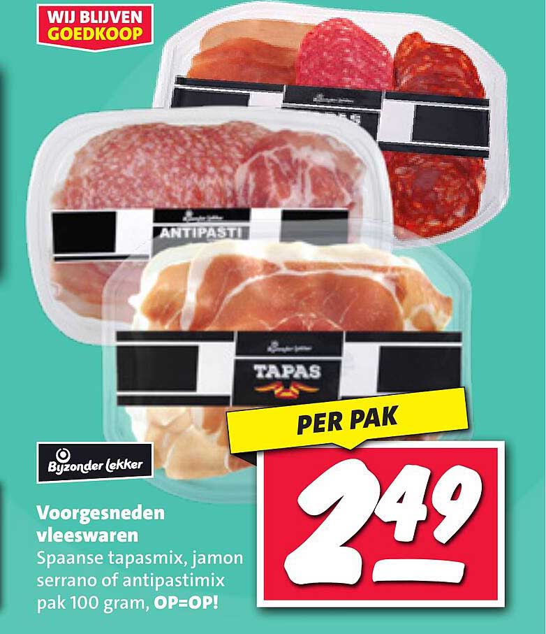 Voorgesneden vleeswaren - Spaanse tapasmix, jamon serrano of antipastimix pak 100 gram