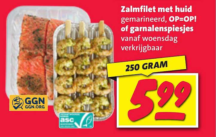 Zalmfilet met huid gemarineerd, OP=OP! of garnalenspiesjes