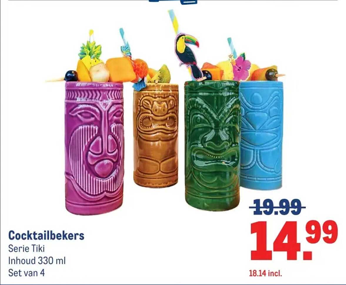 Cocktailbekers Serie Tiki Inhoud 330 ml Set van 4