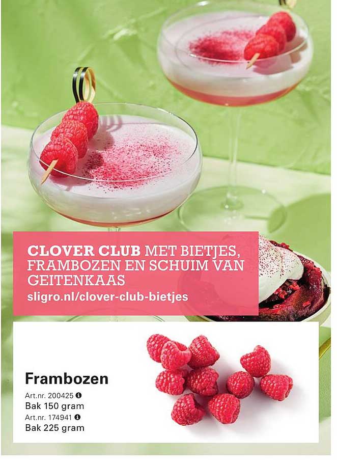 CLOVER CLUB MET BIETJES, FRAMBOZEN EN SCHUIM VAN GEITENKAAS
