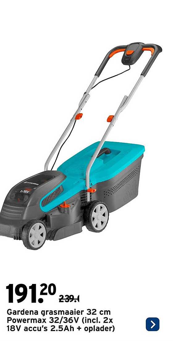 Gardena grasmaaier 32 cm Powermax 32/36V (incl. 2x 18V accu's 2.5Ah + oplader)