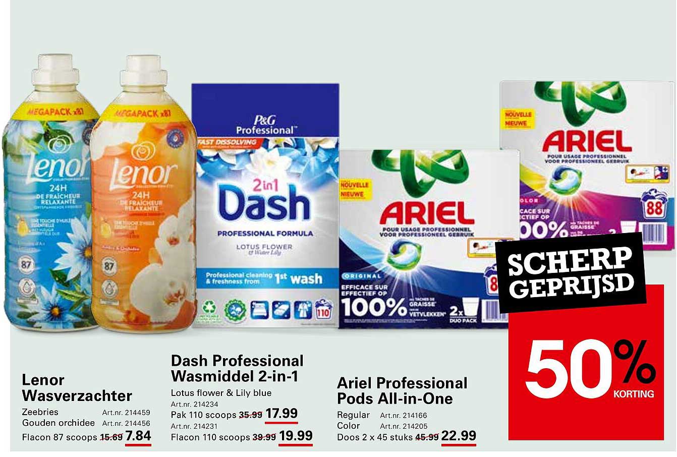 Lenor Wasverzachter, Dash Professional Wasmiddel 2-in-1, Ariel Professional Pods All-in-One