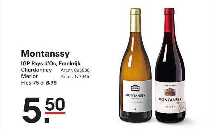 Montanssy IGP Pays d'Oc, Frankrijk - Chardonnay en Merlot, Fles 75 cl