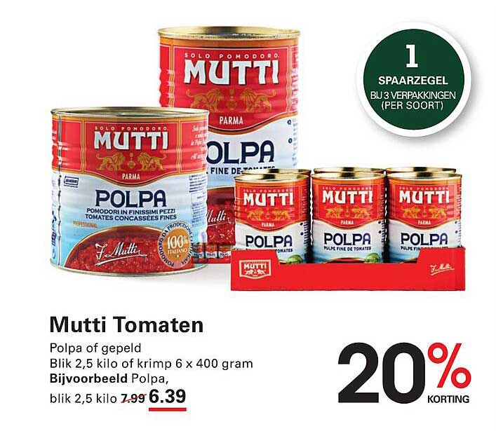 Mutti Tomaten Polpa of gepeld Blik 2,5 kilo of krimp 6 x 400 gram