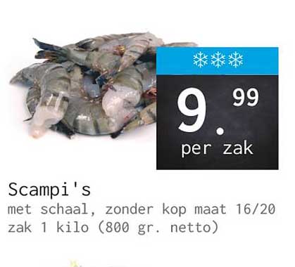 Scampi's met schaal, zonder kop maat 16/20 zak 1 kilo (800 gr. netto)