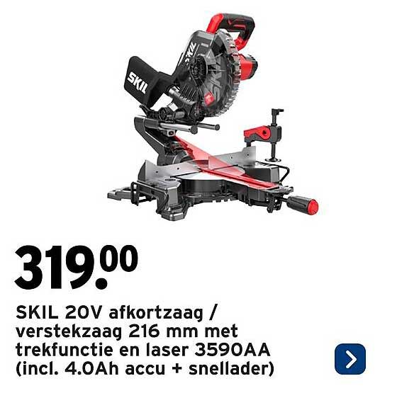 SKIL 20V afkortzaag / verstekzaag 216 mm met trekfunctie en laser 3590AA (incl. 4.0Ah accu + snellader)