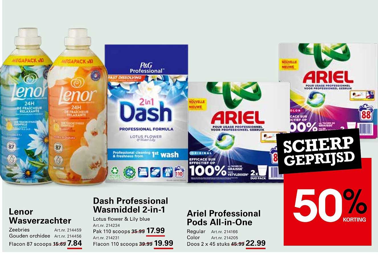 Sligro aanbieding: Lenor Wasverzachter, Dash Professional Wasmiddel 2-in-1 en Ariel Professional Pods All-in-One