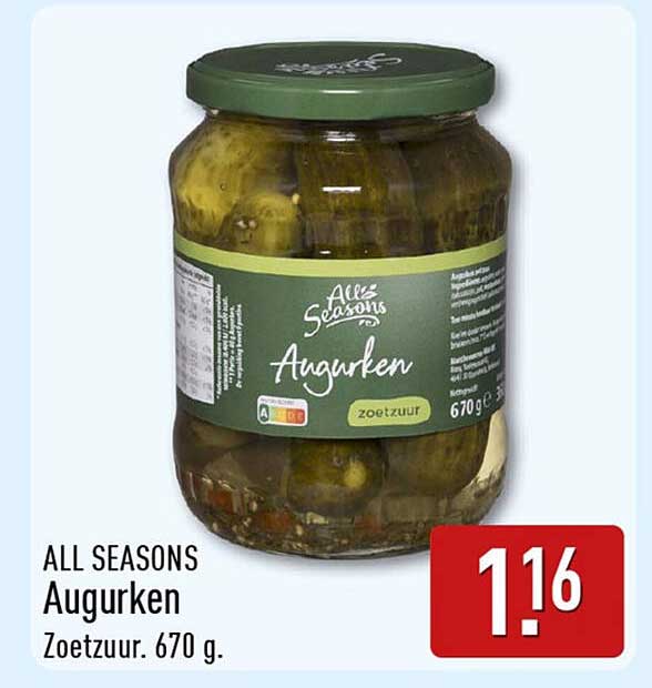 ALL SEASONS Augurken Zoetzuur. 670 g.