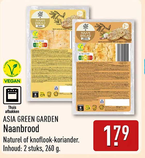 ASIA GREEN GARDEN Naanbrood Naturel of knoflook-koriander. Inhoud: 2 stuks, 260 g.