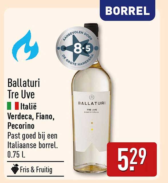 Ballaturi Tre Uve Italië Verdeca, Fiano, Pecorino Past goed bij een Italiaanse borrel. 0.75 l. Fris & Fruitig