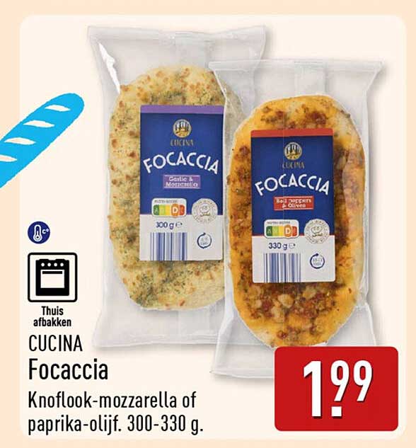 CUCINA Focaccia Knoflook-mozzarella of paprika-olijf, 300-330 g.