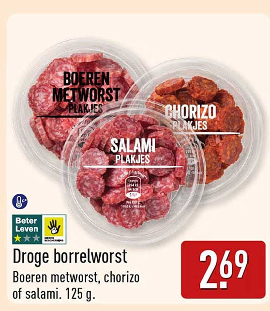Droge borrelworst Boeren metworst, chorizo of salami. 125 g.