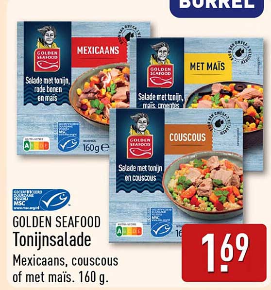 GOLDEN SEAFOOD Tonijnsalade Mexicaans, couscous of met mais. 160 g.