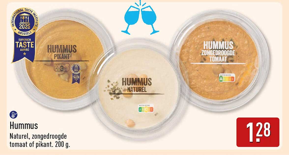 Hummus Naturel, zongedroogde tomaat of pikant. 200 g.