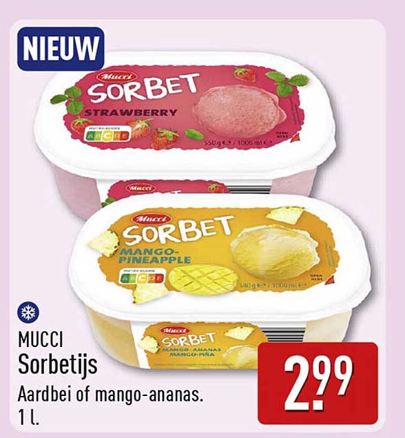 MUCCI Sorbetijs Aardbei of mango-ananas. 1 l.
