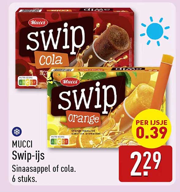 Mucci Swip-ijs Sinaasappel of cola. 6 stuks.