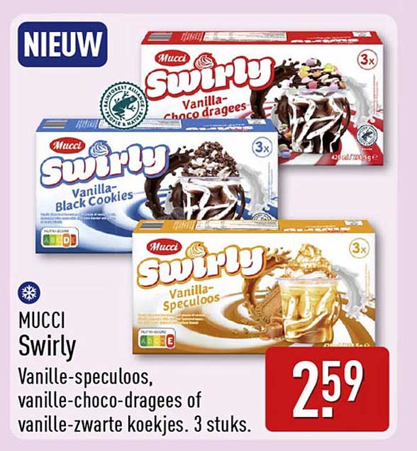Mucci Swirly Vanille-speculoos, vanille-choco-draagees of vanille-zwarte koekjes. 3 stuks.