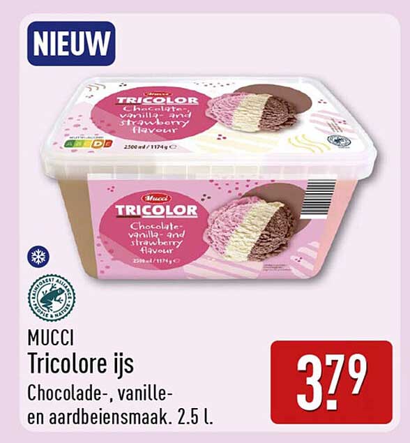 MUCCI Tricolore ijs Chocolade-, vanille- en aardbeiensmaak. 2,5 l.