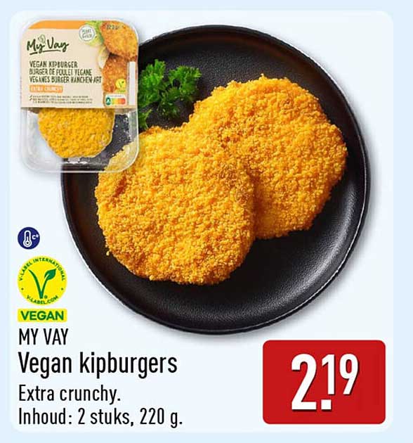 MY WAY Vegan kipburgers Extra crunchy. Inhoud: 2 stuks, 220 g.