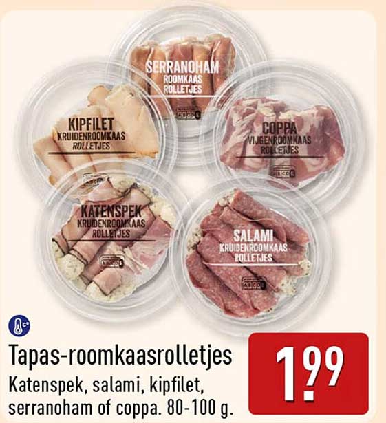 Tapas-roomkaasrolletjes Katenspek, salami, kipfilet, serranoham of coppa. 80-100 g.