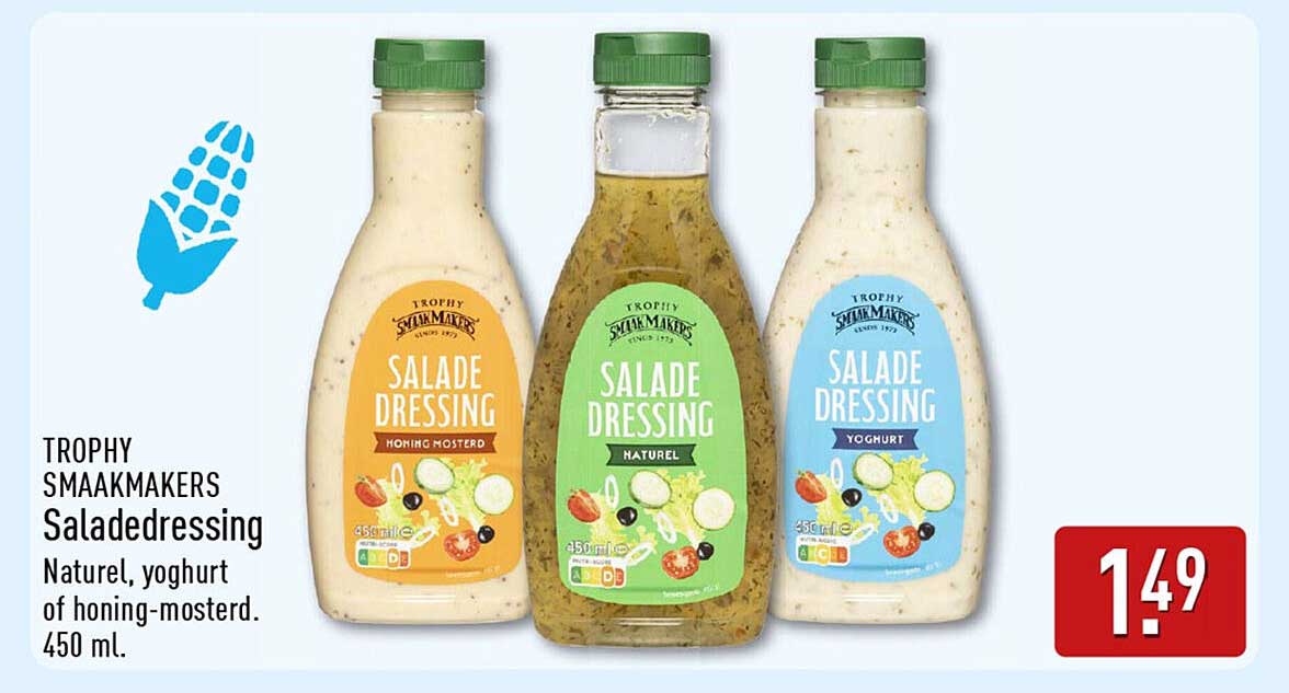 TROPHY SMAAKMAKERS Saladedressing Naturel, yoghurt of honing-mosterd. 450 ml.
