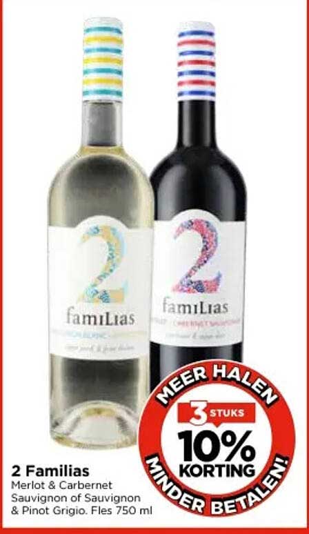 2 Familias Merlot & Cabernet Sauvignon of Sauvignon & Pinot Grigio. Fles 750 ml