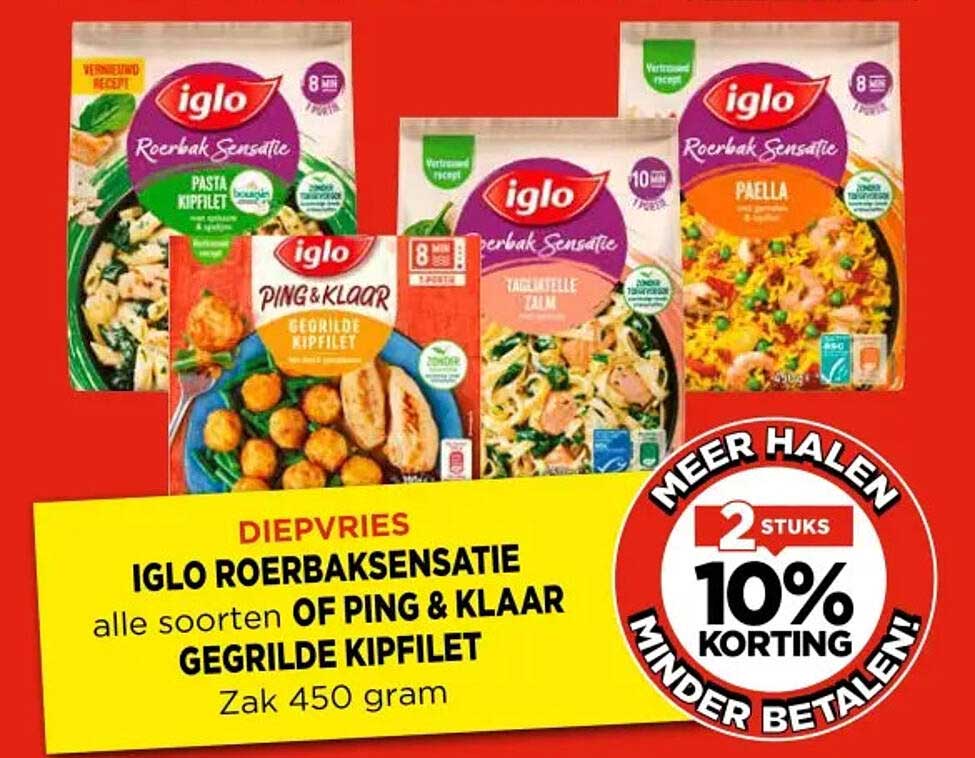 IGLO Roerbaksensatie alle soorten OF PING & KLAAR gegrilde kipfilet Zak 450 gram