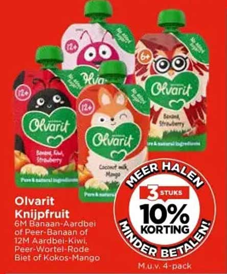 Olvarit Knijpfruit 6M Banaan-Aardbei of Peer-Banaan of 12M Aardbei-Kiwi, Peer-Wortel-Rode Biet of Kokos-Mango