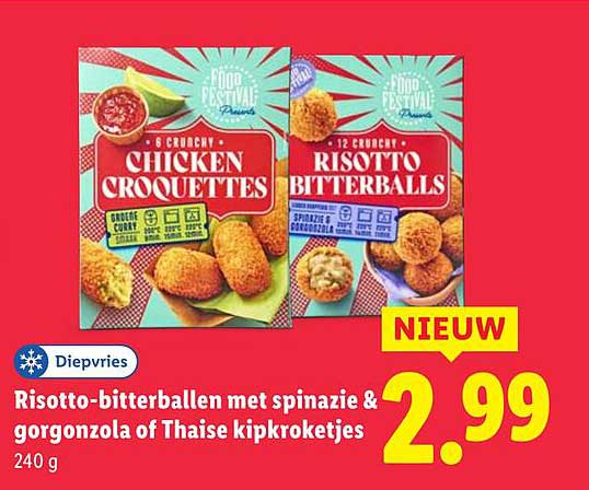 Risotto-bitterballen met spinazie & gorgonzola of Thaise kipkroketjes