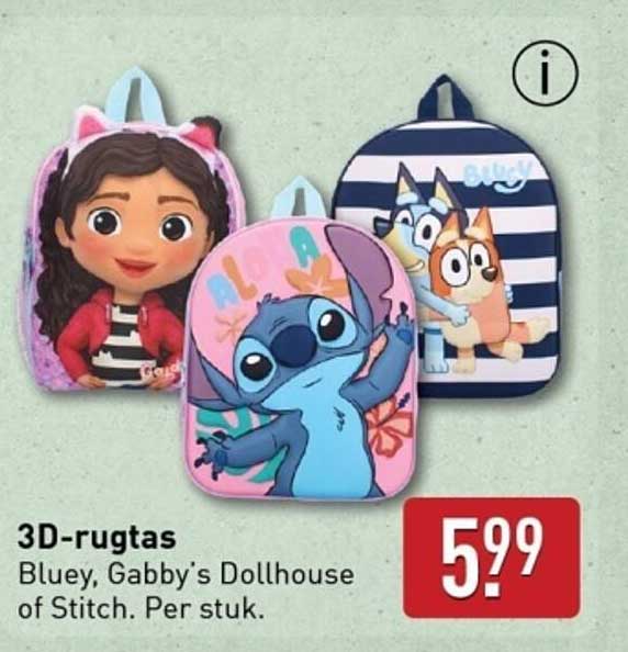 3D-rugtas Bluey, Gabby's Dollhouse of Stitch. Per stuk.