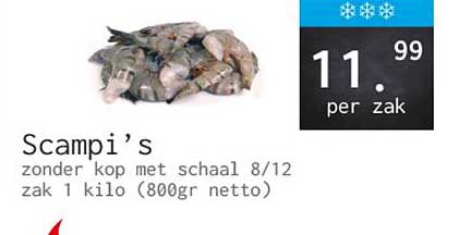 Scampi’s zonder kop met schaal 8/12 zak 1 kilo (800gr netto)