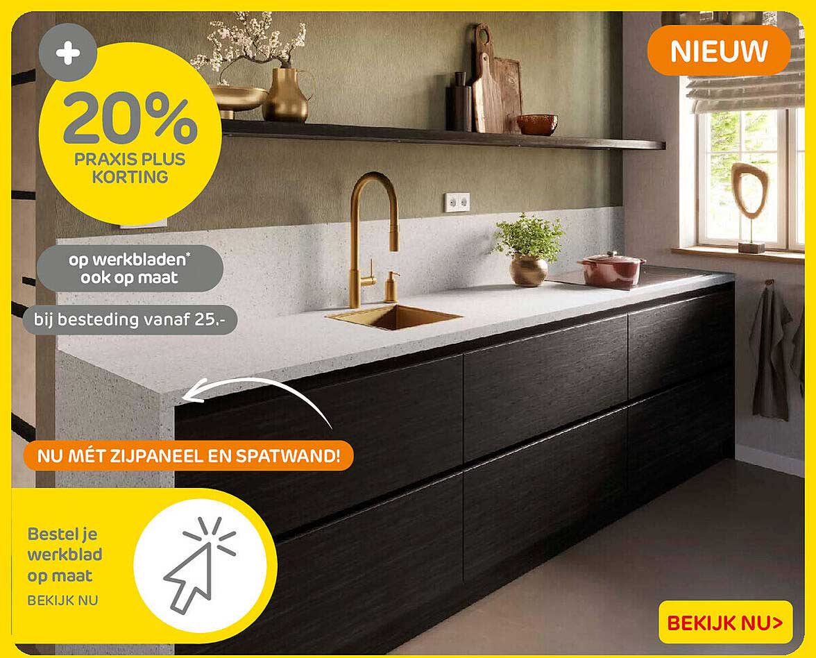 20% Praxis Plus korting op werkbladen* ook op maat bij besteding vanaf 25.- NU MÈT ZIJPANEEL EN SPATWAND!