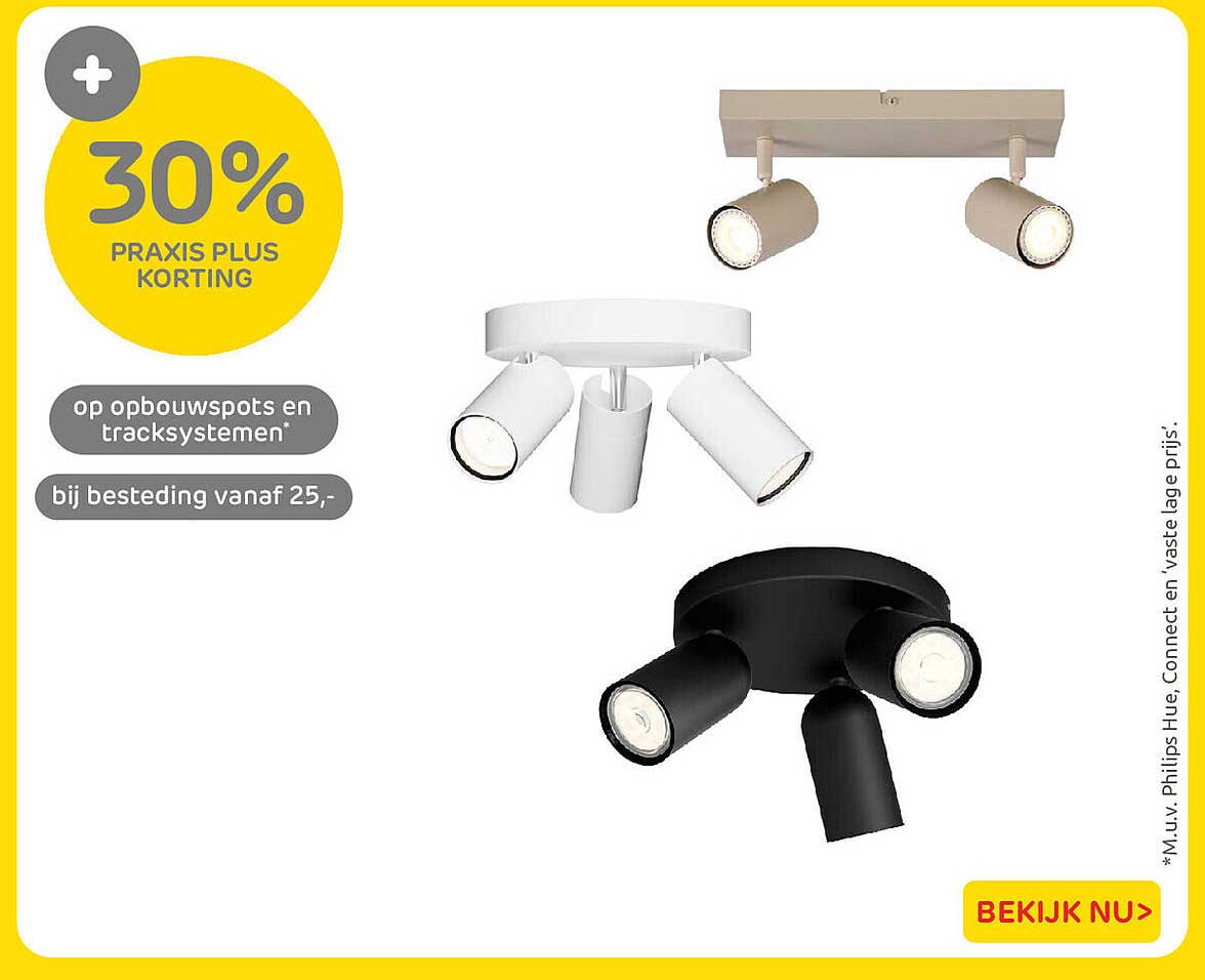 30% Praxis Plus korting op opbouwspots en tracksystemen bij besteding vanaf 25,-