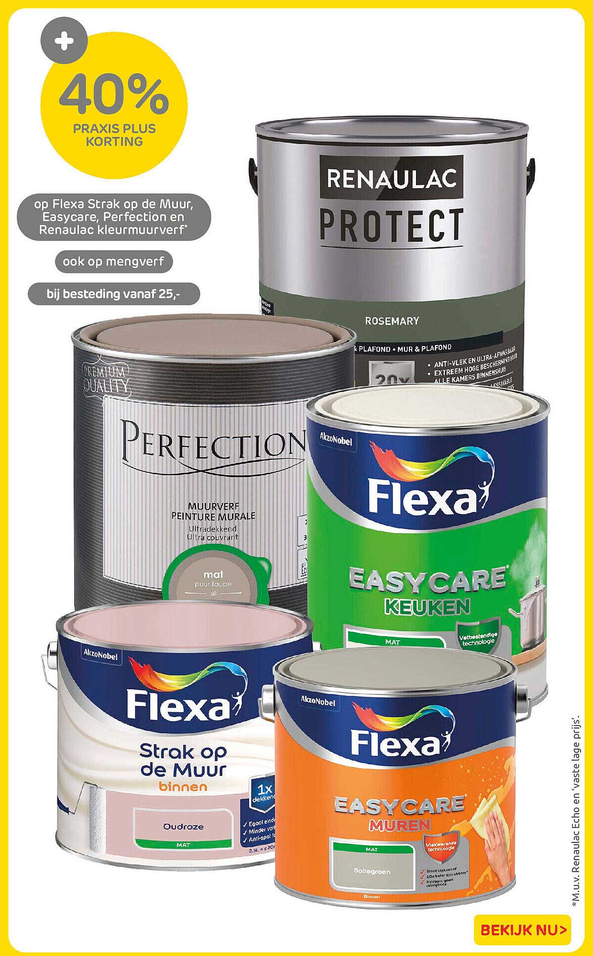 40% Praxis Plus korting op Flexa Strak op de Muur, Easycare, Perfection en Renaulac kleurmuurverf ook op mengverf bij besteding vanaf 25,-