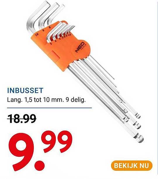 INBUSSET Lang. 1,5 tot 10 mm. 9 delig.
