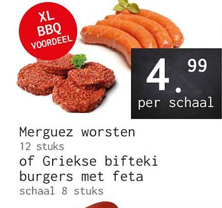 Merguez worsten 12 stuks of Griekse bifteki burgers met feta schaal 8 stuks