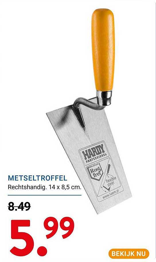 METSELTROFFEL Rechtshandig. 14 x 8,5 cm.