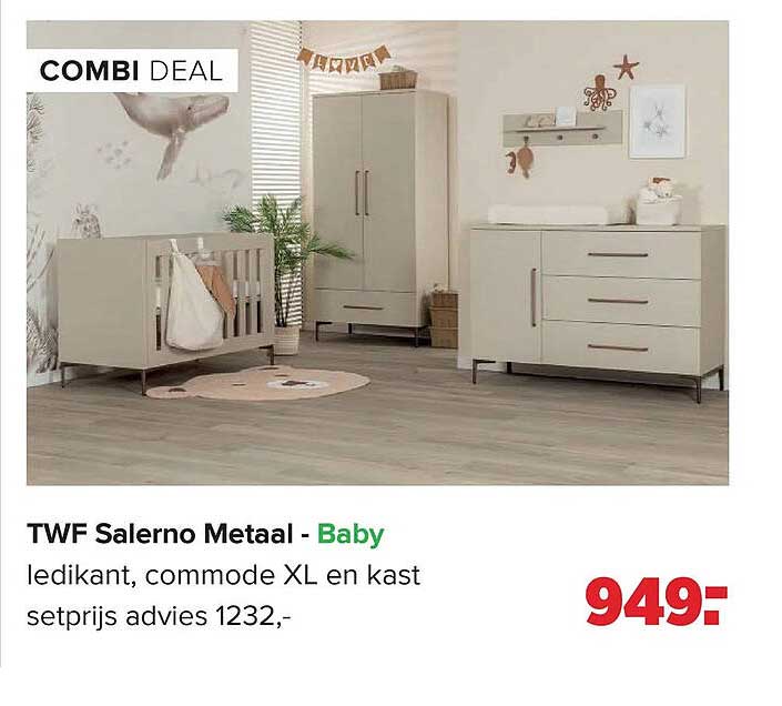 TWF Salerno Metaal - Baby ledikant, commode XL en kast setprijs advies 1232,-