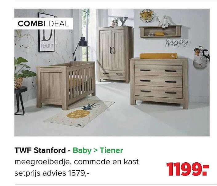 TWF Stanford - Baby > Tiener meegroeibedje, commode en kast setprijs advies 1579,-