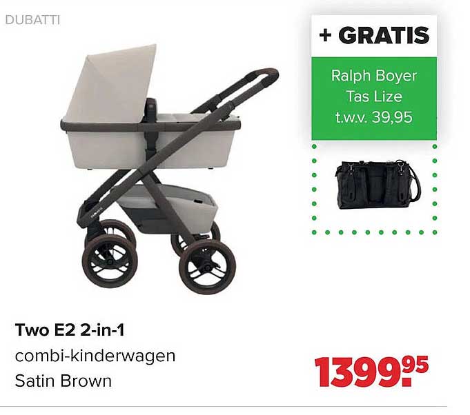 Two E2 2-in-1 combi-kinderwagen Satin Brown + GRATIS Ralph Boyer Tas Lize t.w.v. 39,95
