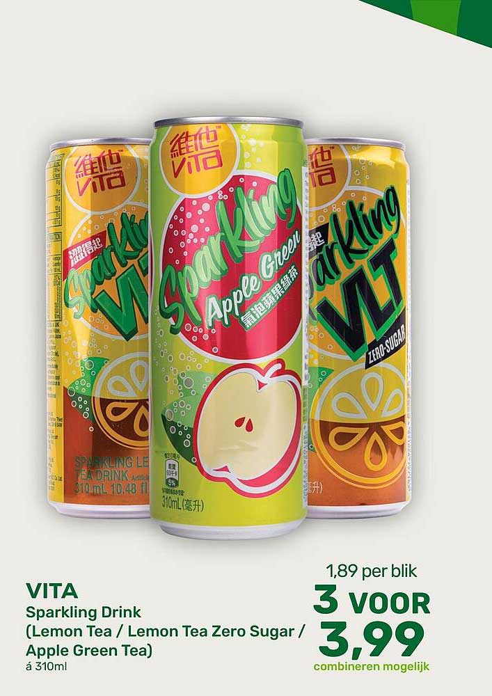 VITA Sparkling Drink (Lemon Tea / Lemon Tea Zero Sugar / Apple Green Tea) á 310ml 3 voor 3,99 combineren mogelijk