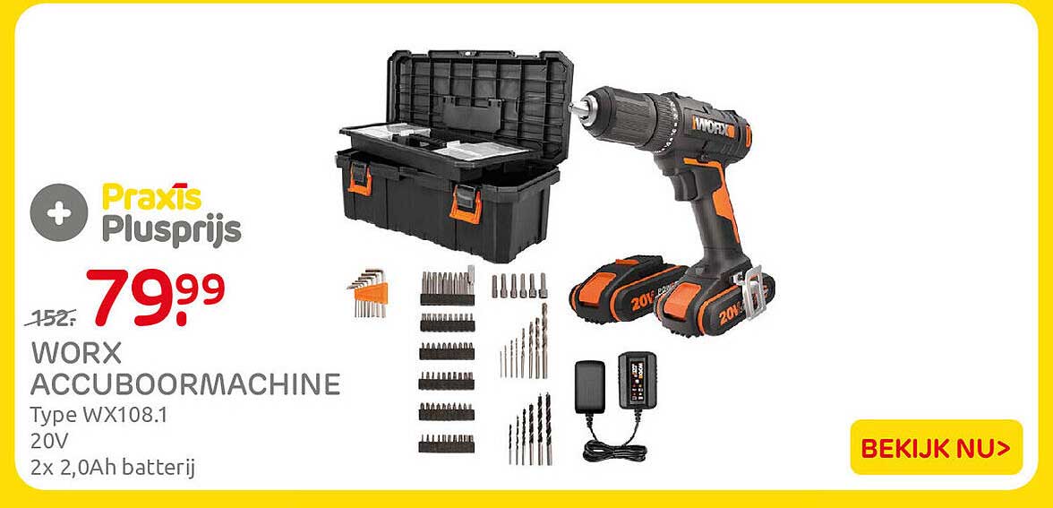 WORX accuboormachine Type WX108.1 20V 2x 2,0Ah batterij