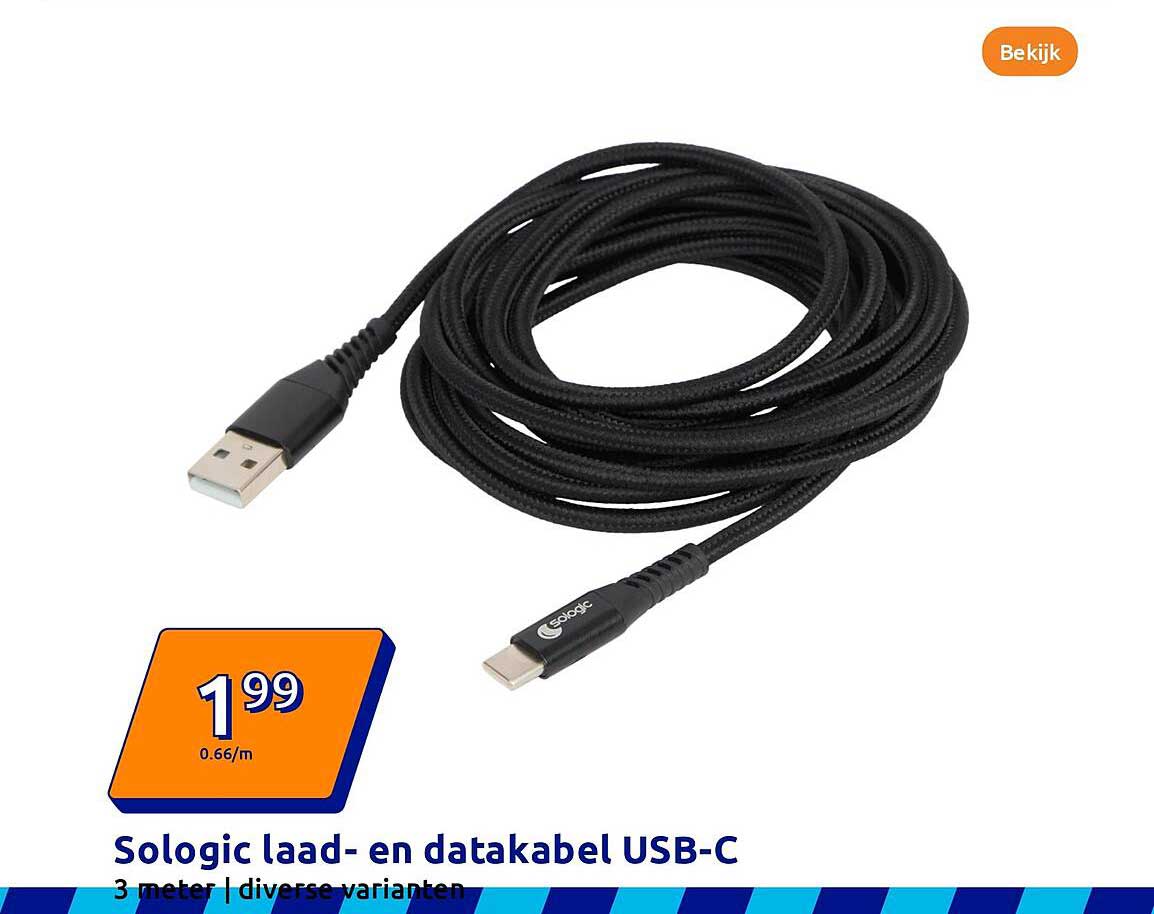 Sologic laad- en datakabel USB-C 3 meter | diverse varianten