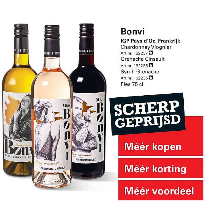 Bonvi IGP Pays d’Oc, Frankrijk Chardonnay Viognier Grenache Cinsault Syrah Grenache Fles 75 cl SCHERP GEPRIJSD