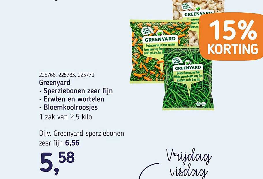 Greenyard • Sperziebonen zeer fijn • Erwten en wortelen • Bloemkoolroosjes 15% KORTING