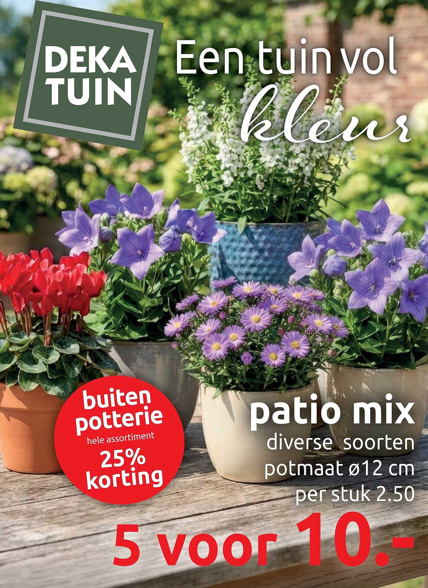 patio mix diverse soorten potmaat ø12 cm per stuk 2.50 5 voor 10.- 25% korting