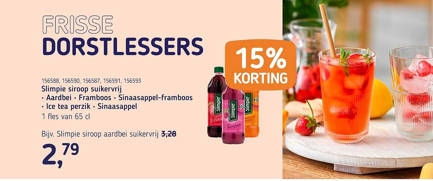 Slimpie siroop suikervrij • Aardbei • Framboos • Sinaasappel-framboos • Ice tea perzik • Sinaasappel 15% korting