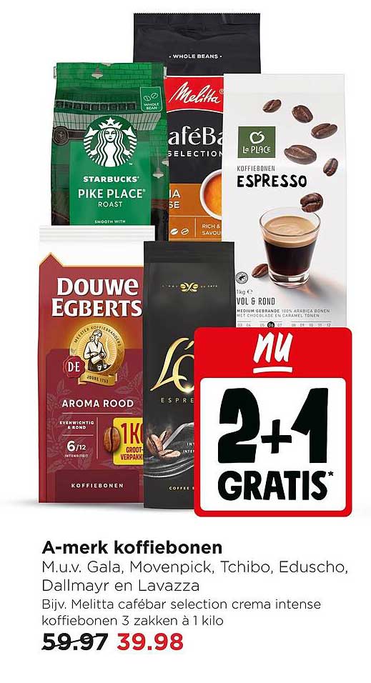 A-merk koffiebonen 2+1 GRATIS*