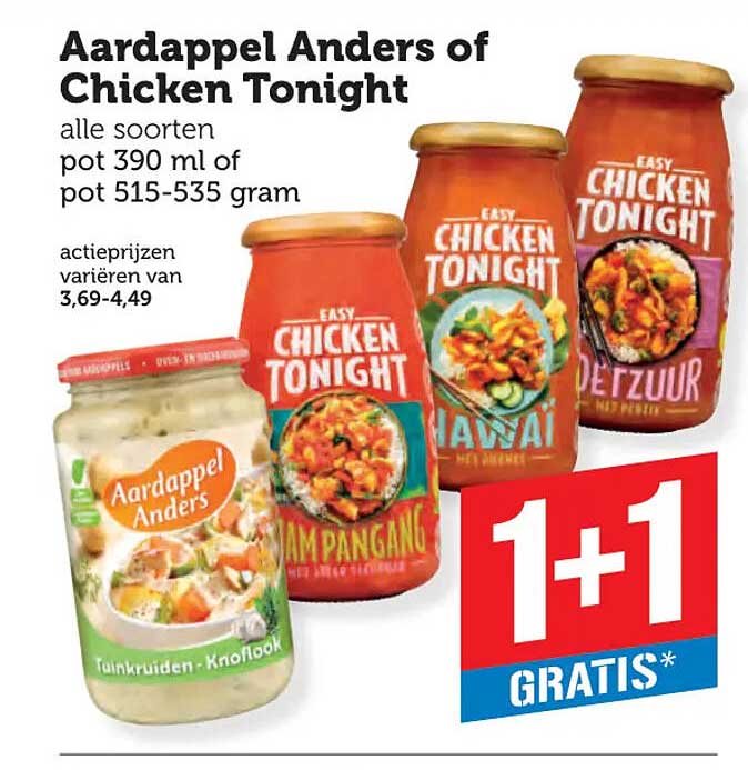 Aardappel Anders of Chicken Tonight alle soorten pot 390 ml of pot 515-535 gram 1+1 gratis